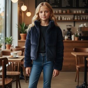 NWT Apparis Girls Billie‎ Faux Fur Jacket Stand Collar Navy Blue
